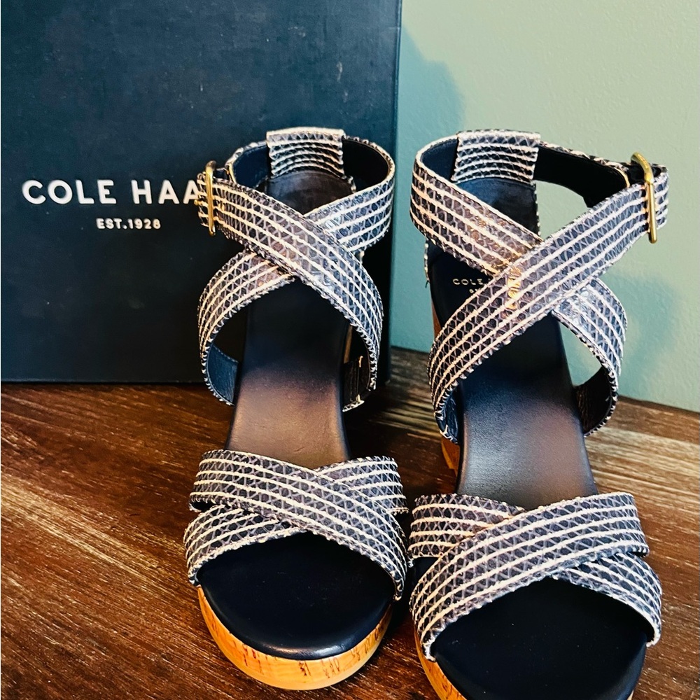 Cole Haan Jillian Wedge Strappy Sandals in Navy and White